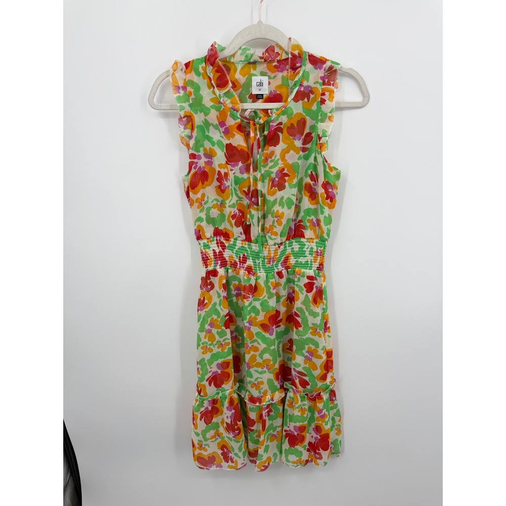 Cabi 6216 Floral Ruffle Dress Womens‎ XS Multicolor Smocked Tiered Sleeveless
